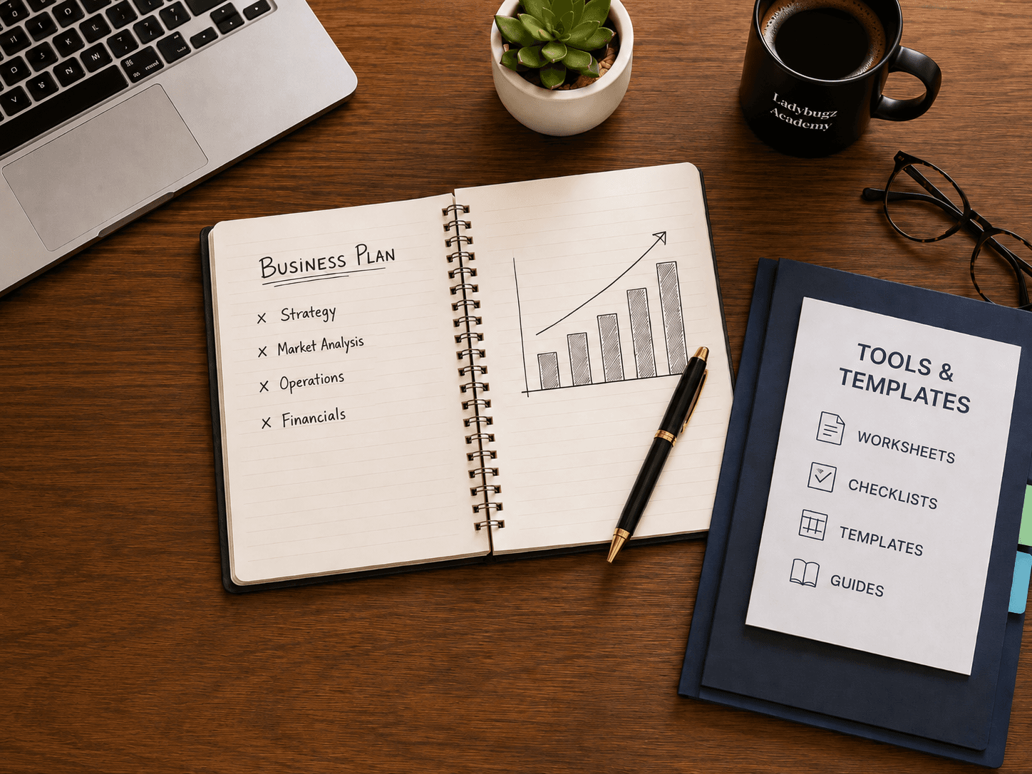 An open notebook with a business plan checklist and growth chart next to a Tools & Templates card listing worksheets, checklists, templates, and guides