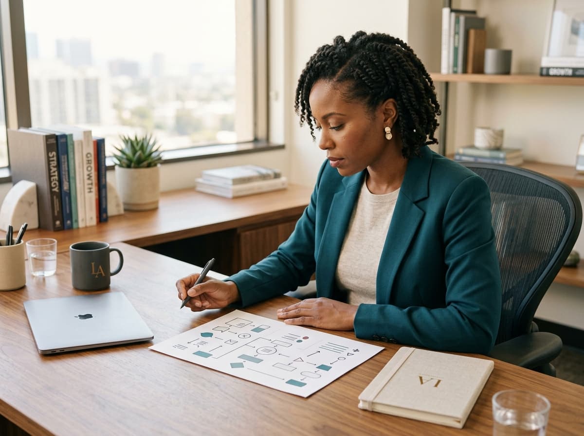 Entrepreneur organizing scattered marketing ideas into a clear one-page strategy.