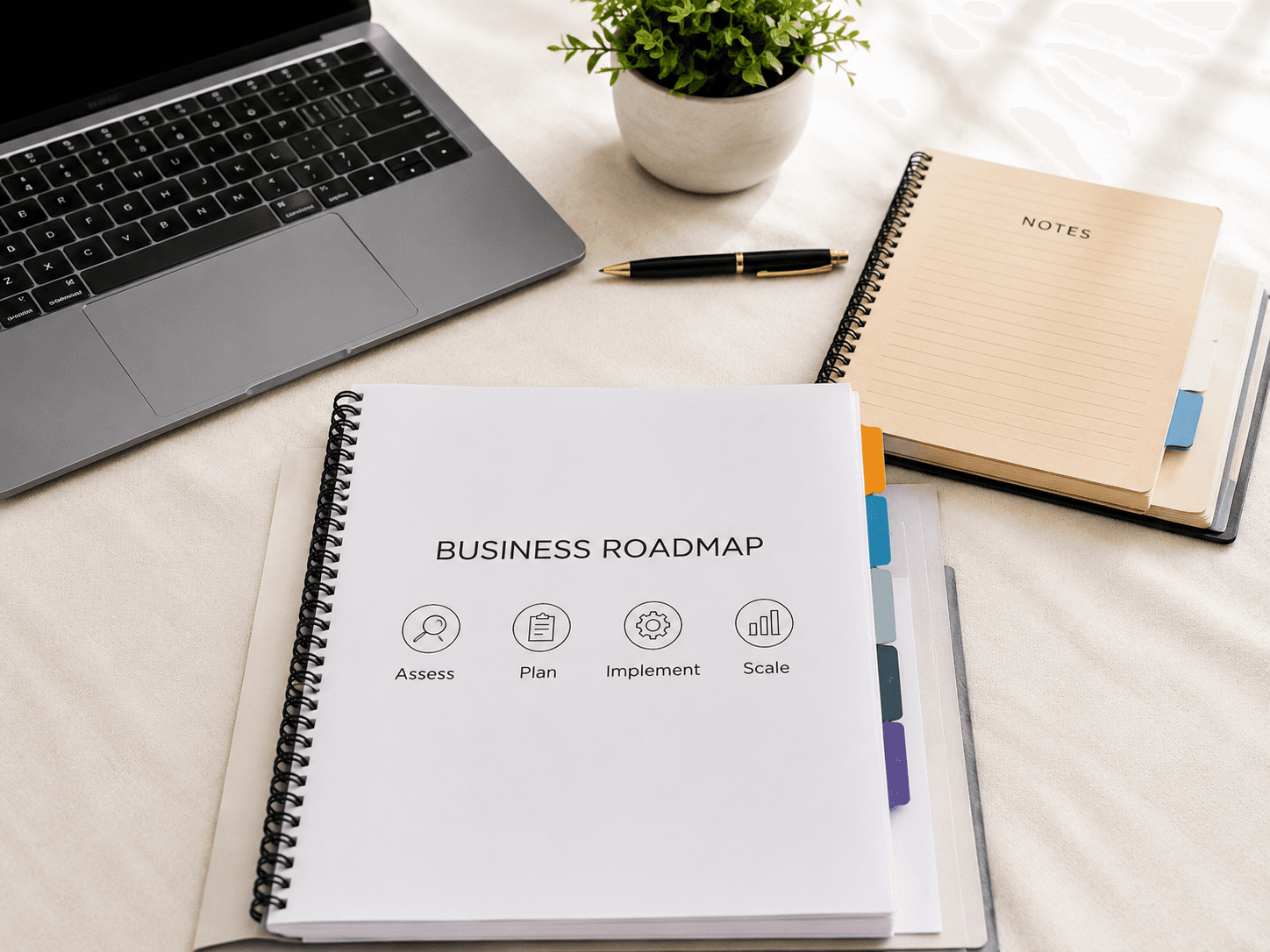 A spiral-bound Business Roadmap planning guide labeled Assess, Plan, Implement, and Scale, resting on a desk beside a laptop, notebook, and pen